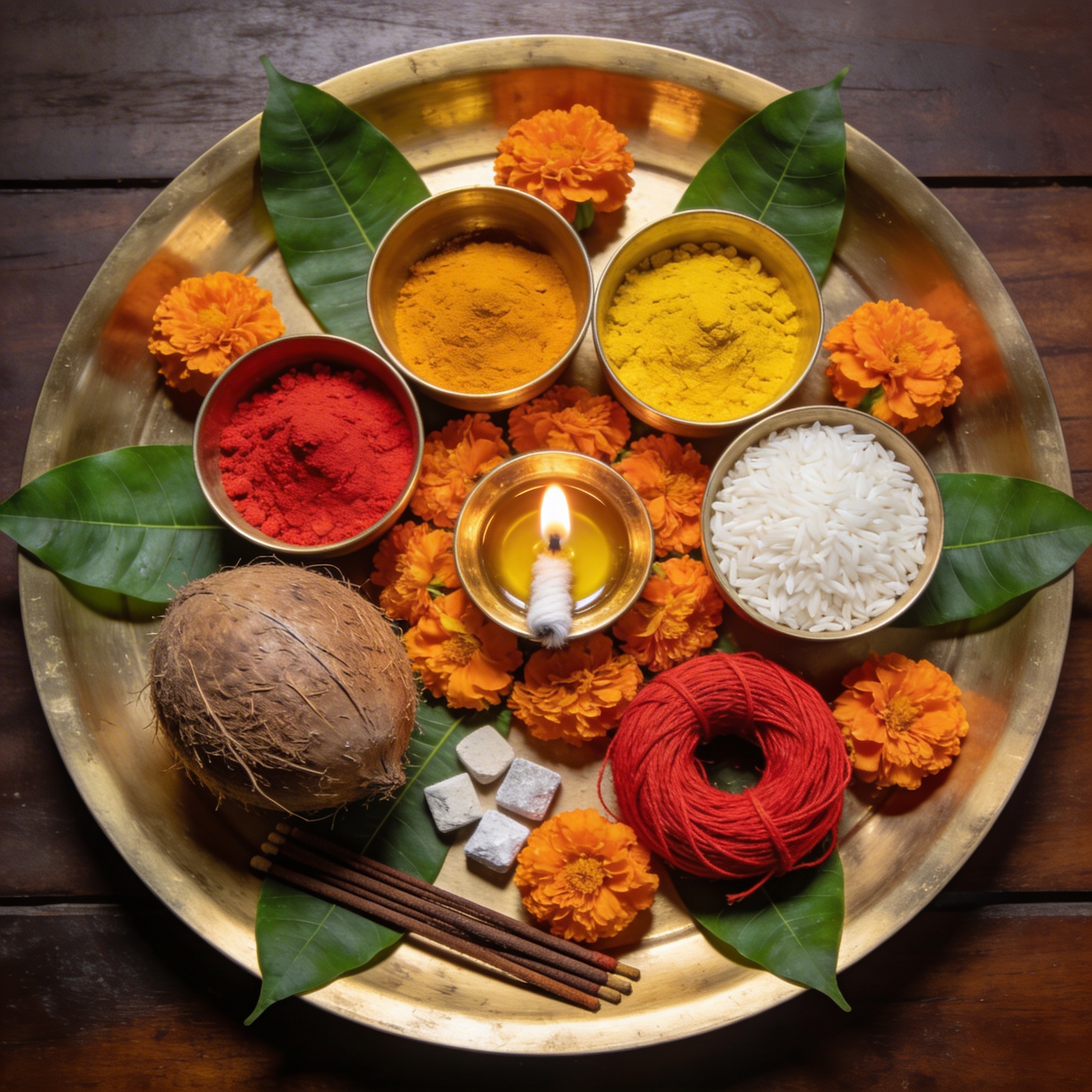 Overhead view of a complete pooja thali arranged with kumkum, haldi, rice, diya, flowers, and sacred items on a brass plate