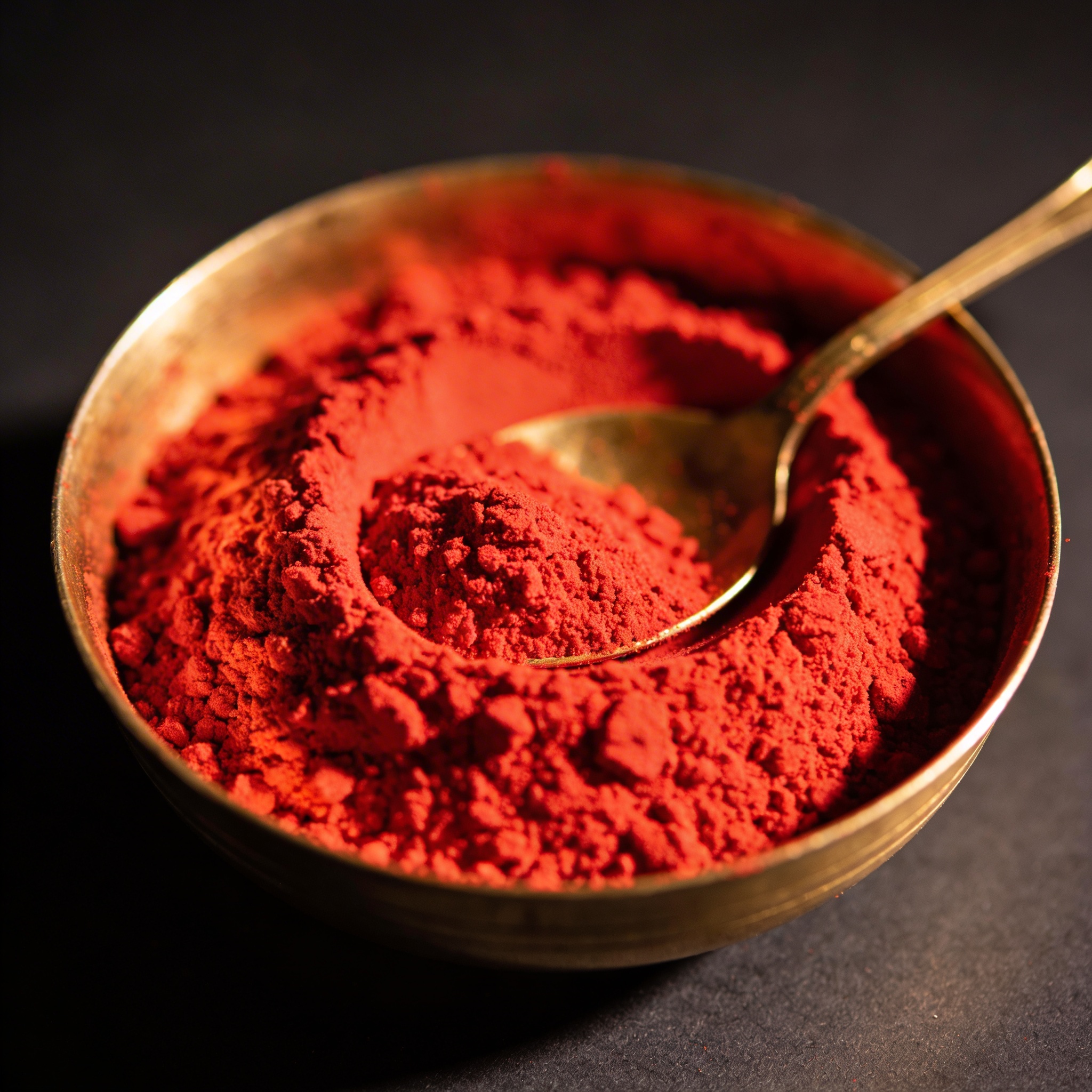 Extreme close-up of bright red kumkum powder with rich vermillion texture and granules catching light
