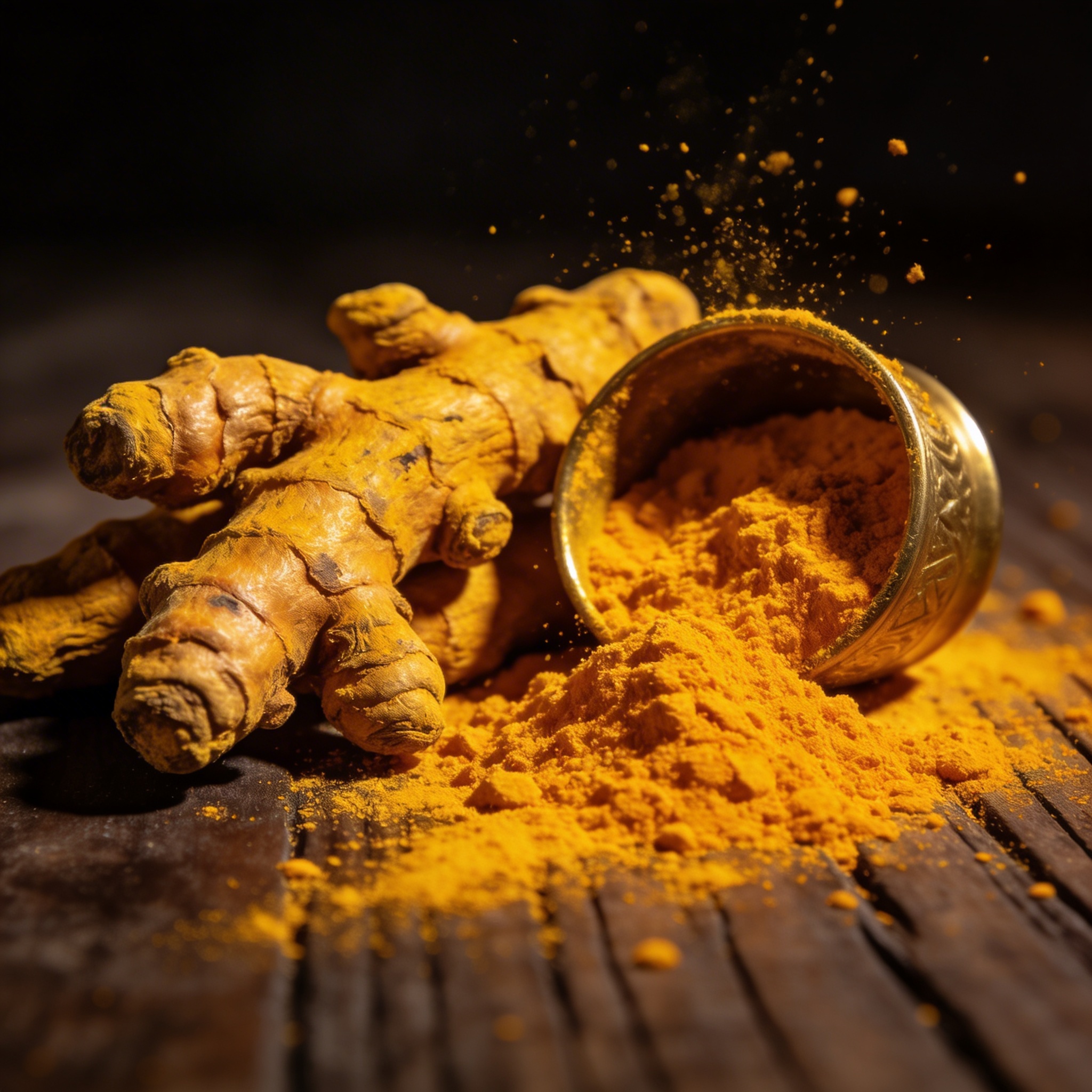 Close-up of golden turmeric haldi powder and whole roots showing deep yellow-orange pigment