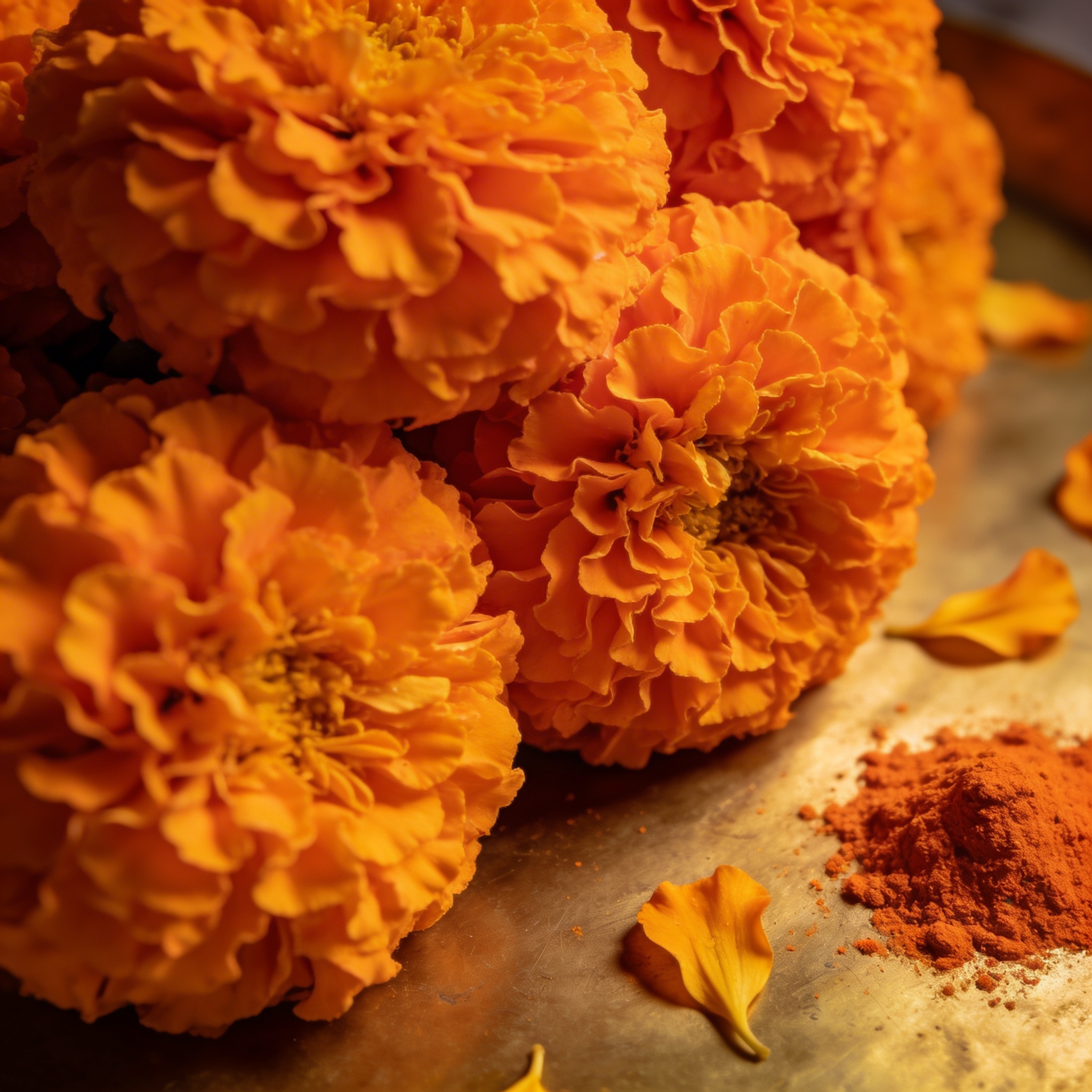 Vivid orange-yellow marigold genda flowers in full bloom with layered petals, used for garlands and pooja decoration