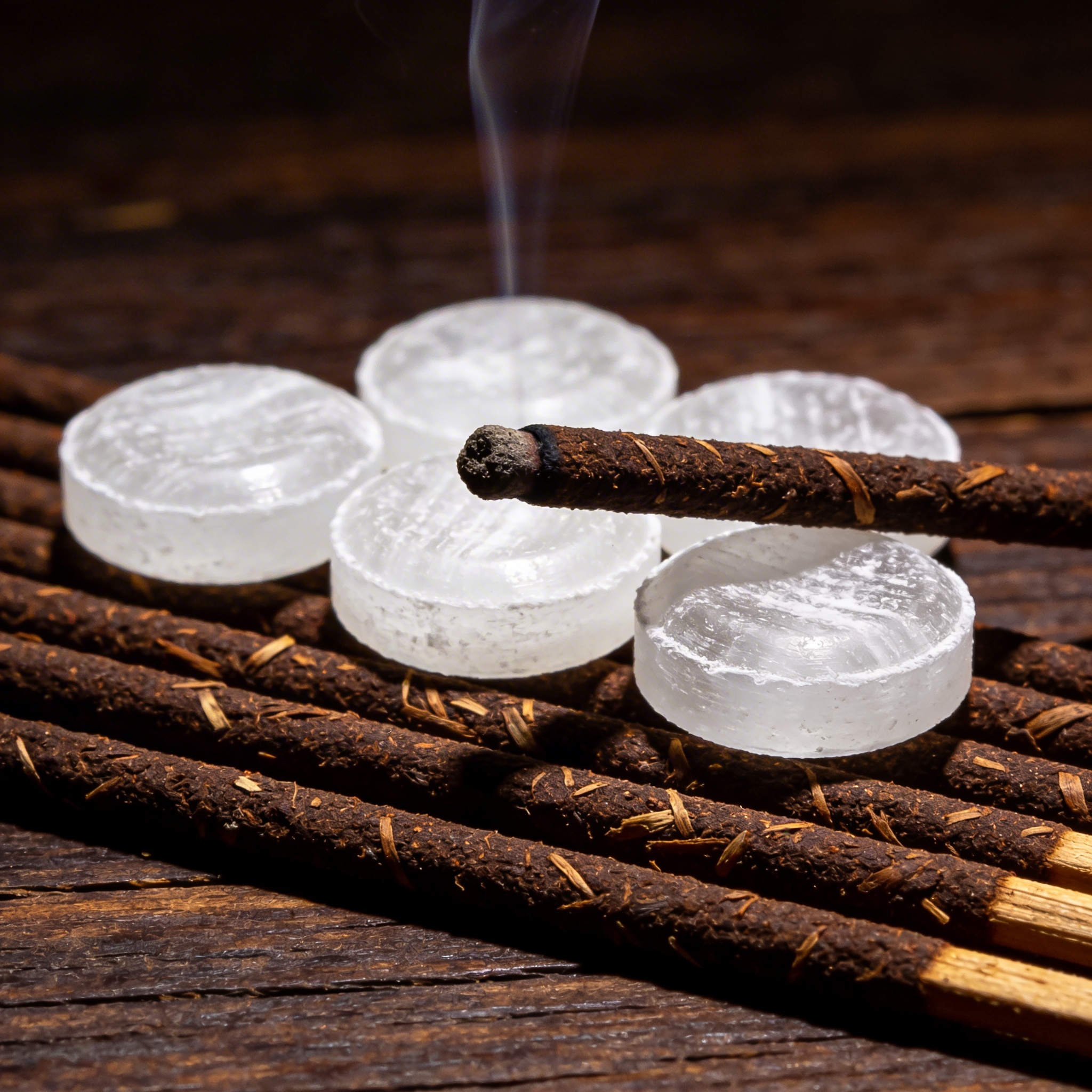 White camphor tablets and hand-rolled brown agarbatti incense sticks arranged on a dark surface