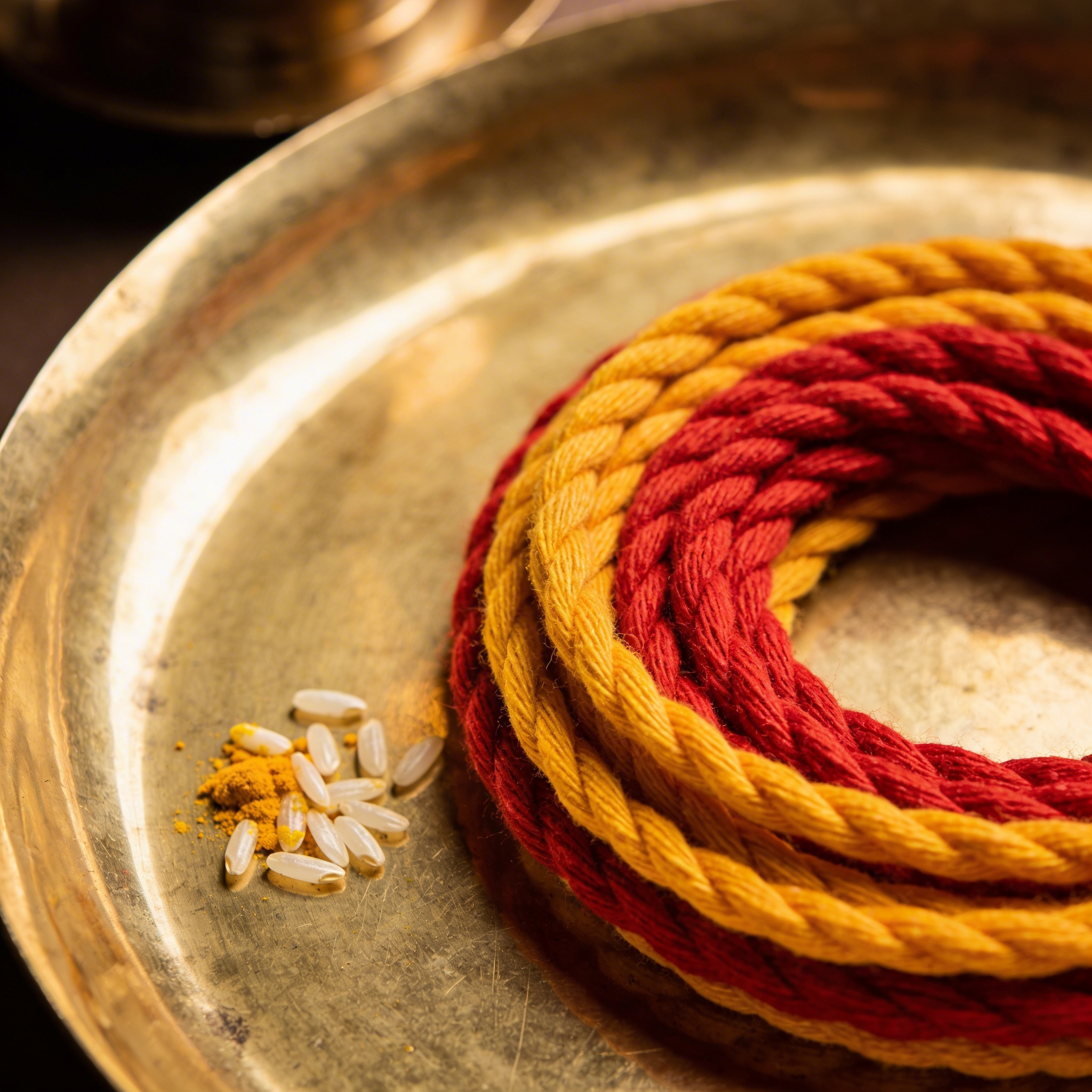Close-up of red and yellow mauli sacred thread coiled on a brass plate