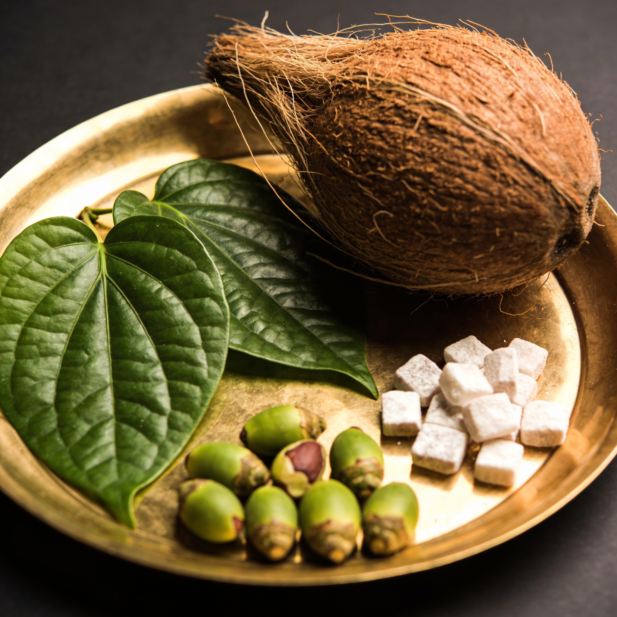 Fresh green coconut nariyal and betel paan leaves with supari arranged on a brass plate for offering