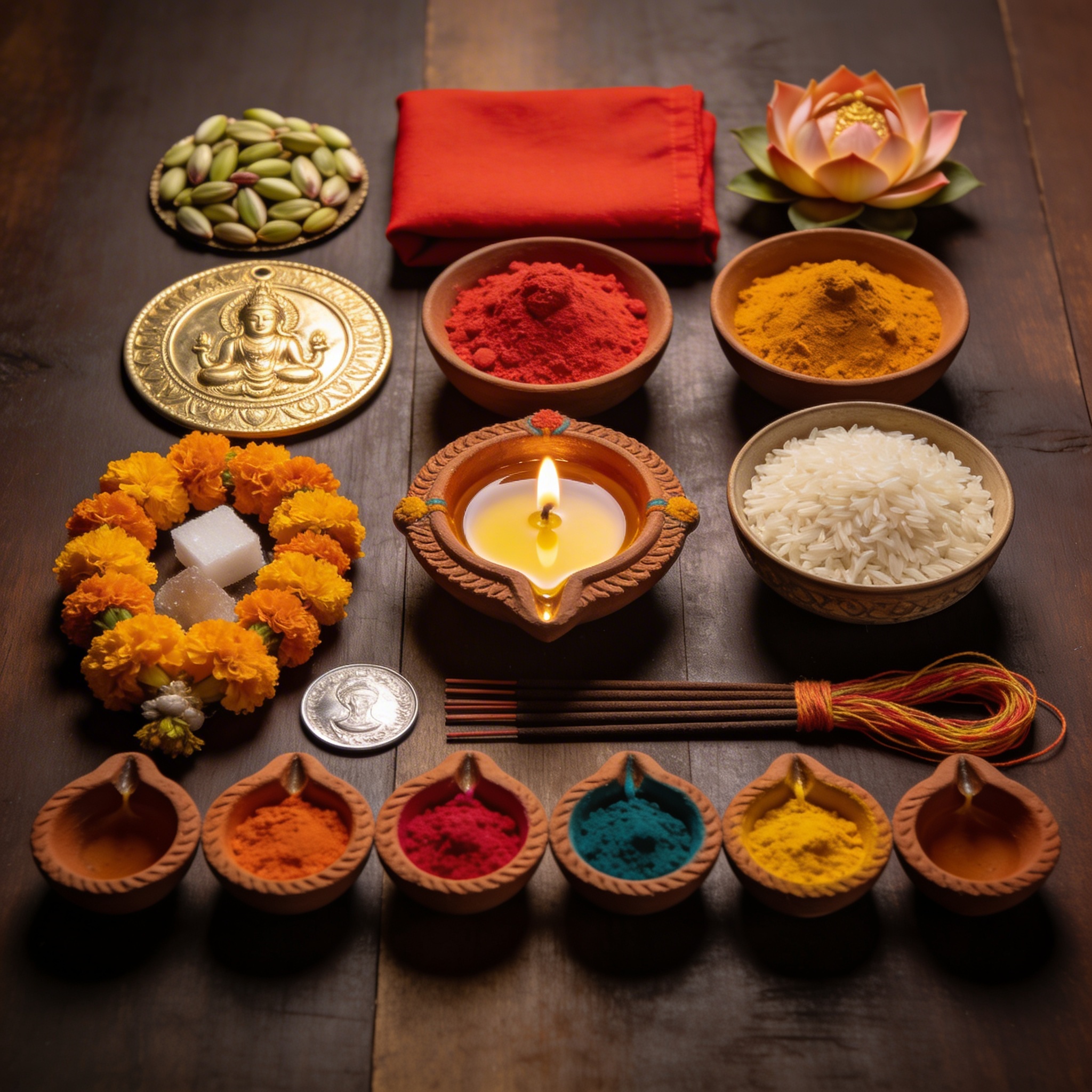 Complete Diwali Lakshmi Pooja Kit with brass diyas, kumkum, marigold garlands, coconut, betel leaves, and sweets arranged on red cloth