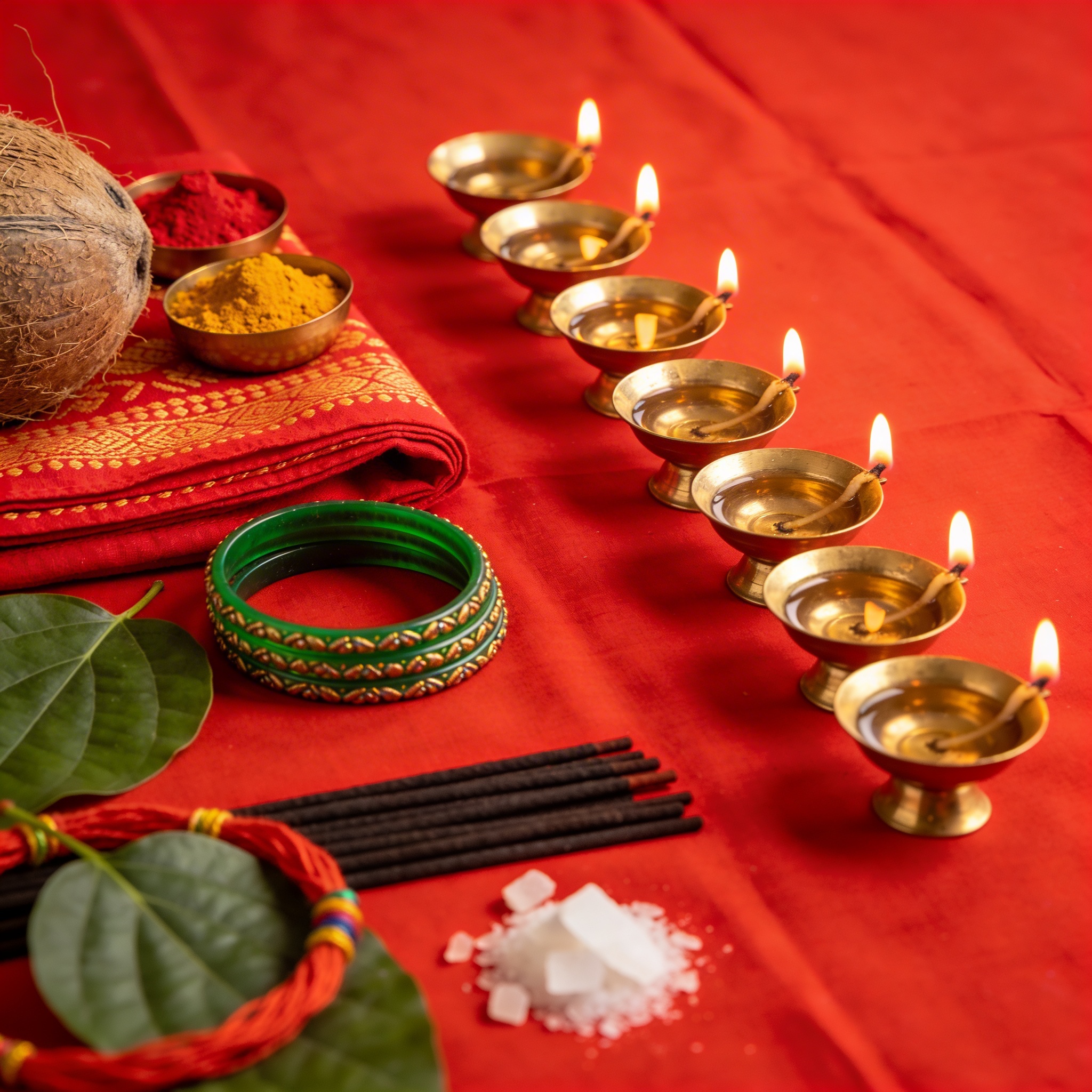 Navratri pooja kit with nine colour dupattas, kumkum, akshat, coconut, and ghee diya arranged in festive display