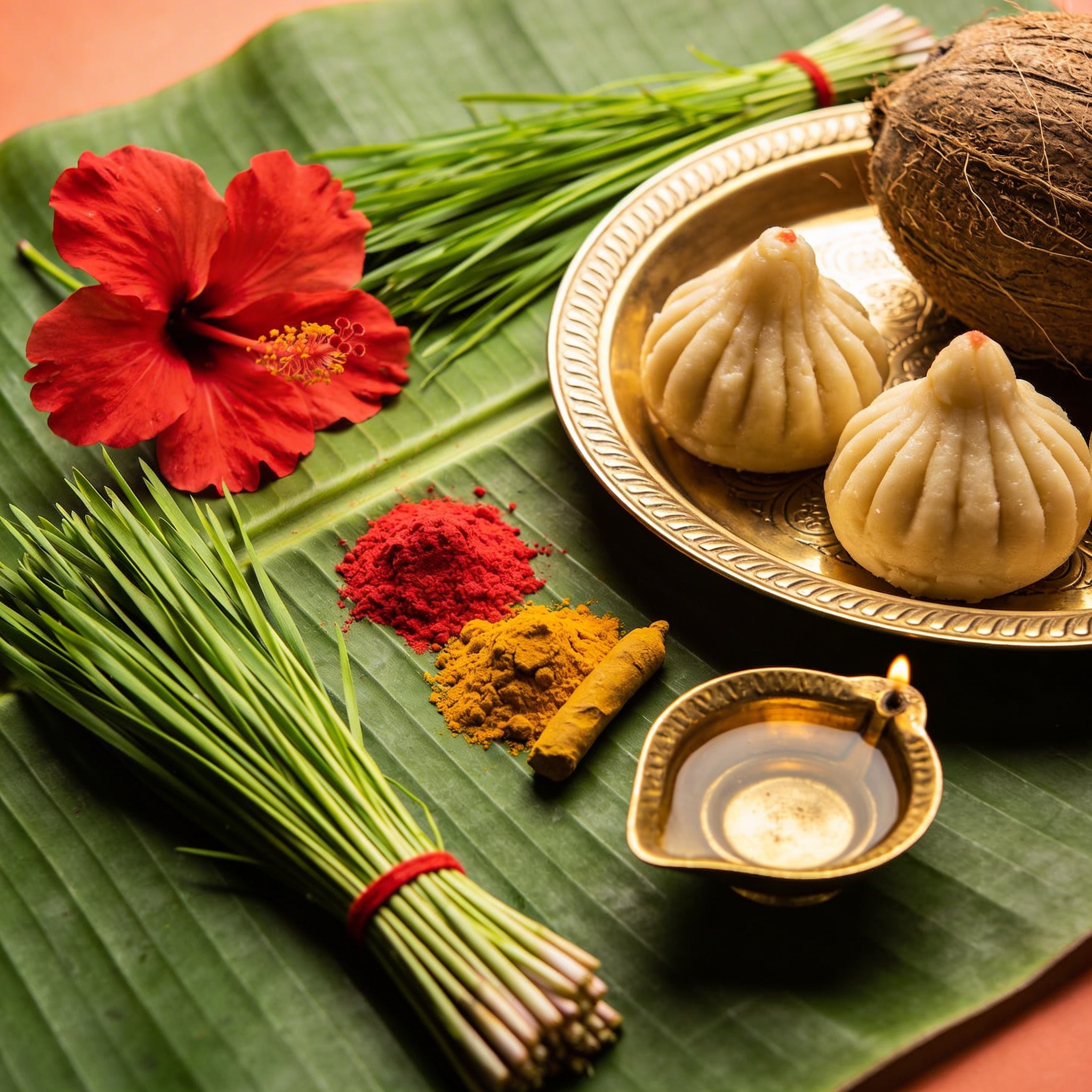 Ganesh Chaturthi pooja kit with modak, durva grass, red flowers, and sindoor arranged around a brass Ganesh idol base
