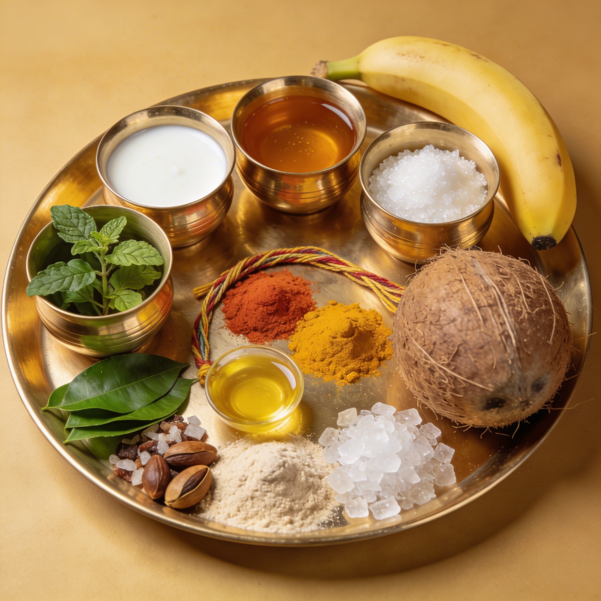 Satyanarayan Katha pooja kit with panchamrit ingredients, tulsi, banana leaves, and sacred thread on a decorated platform