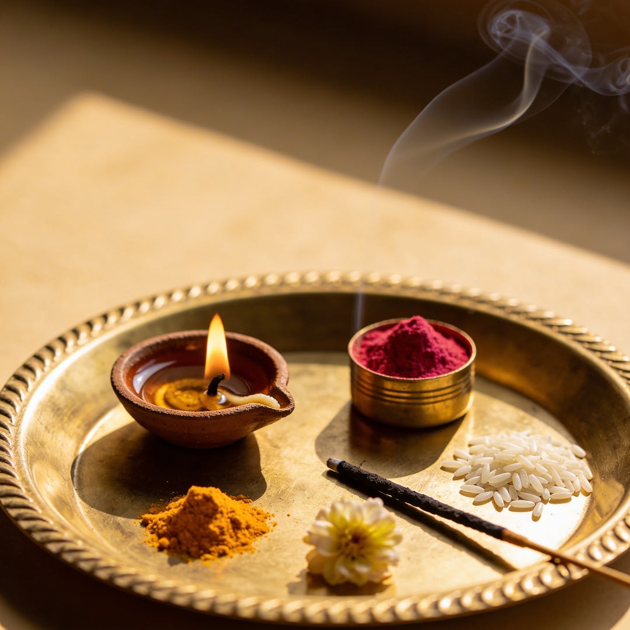 Simple daily pooja thali with diya, agarbatti, kumkum, and flowers on a small brass plate