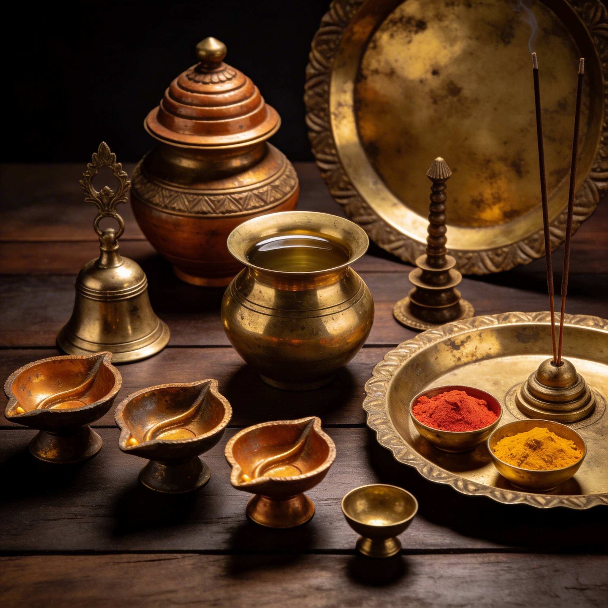Collection of traditional brass pooja items including diyas, kalash, thali, ghanti bell, aarti plate, and small katoris arranged in an editorial flat lay