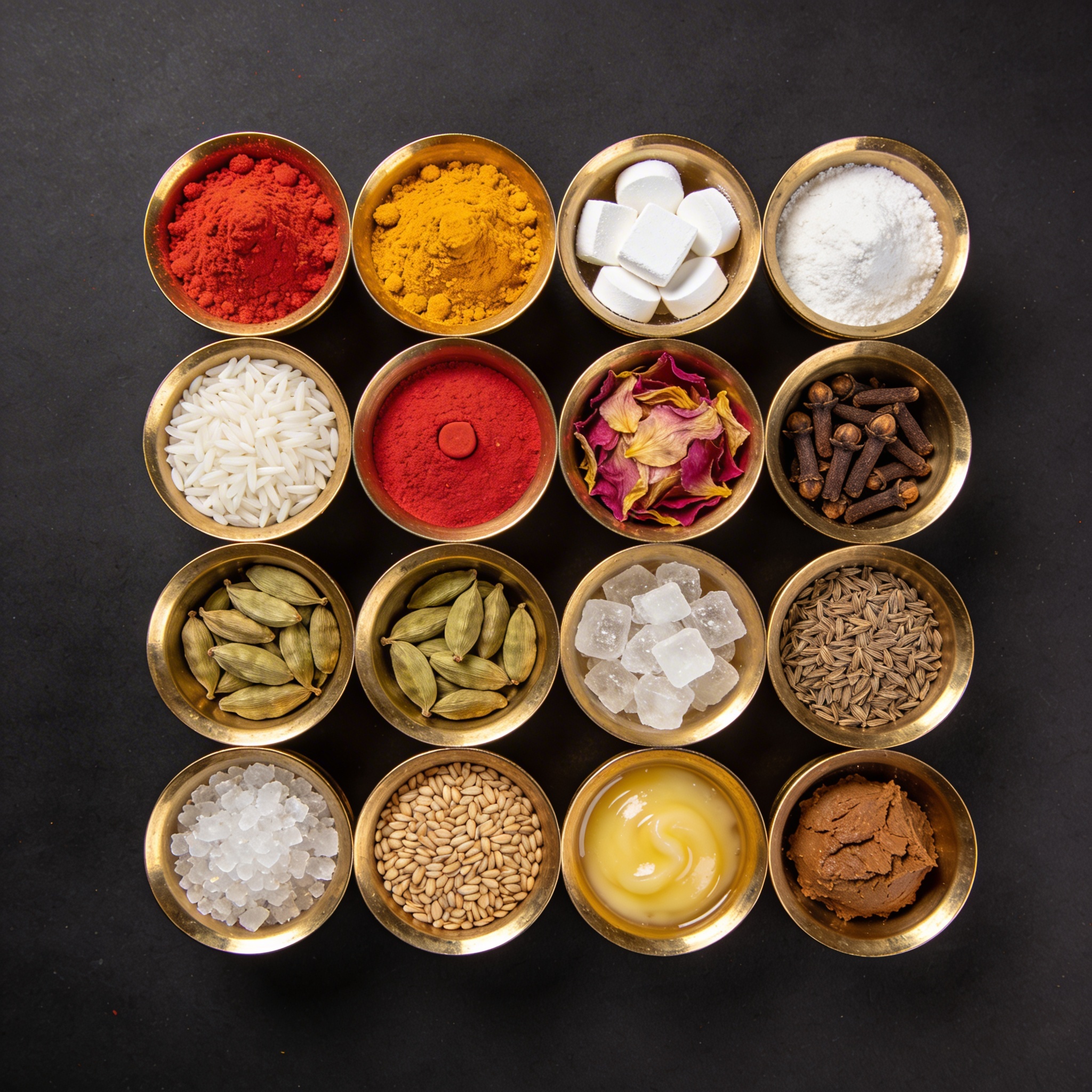 Grid of individual pooja ingredients arranged in neat squares: kumkum, haldi, rice, camphor, incense sticks, cotton wicks, sandalwood paste, and sacred thread