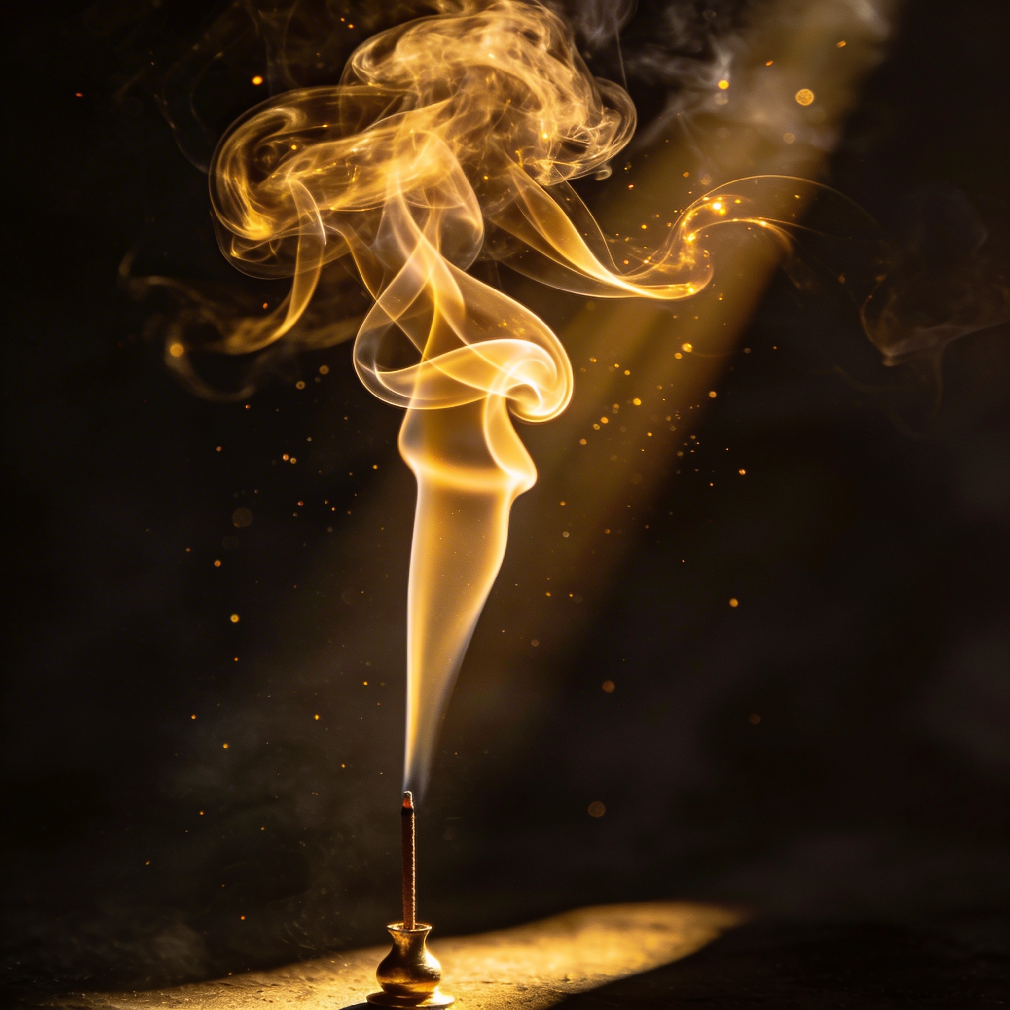 Wisps of agarbatti incense smoke curling upward in soft light against a dark background