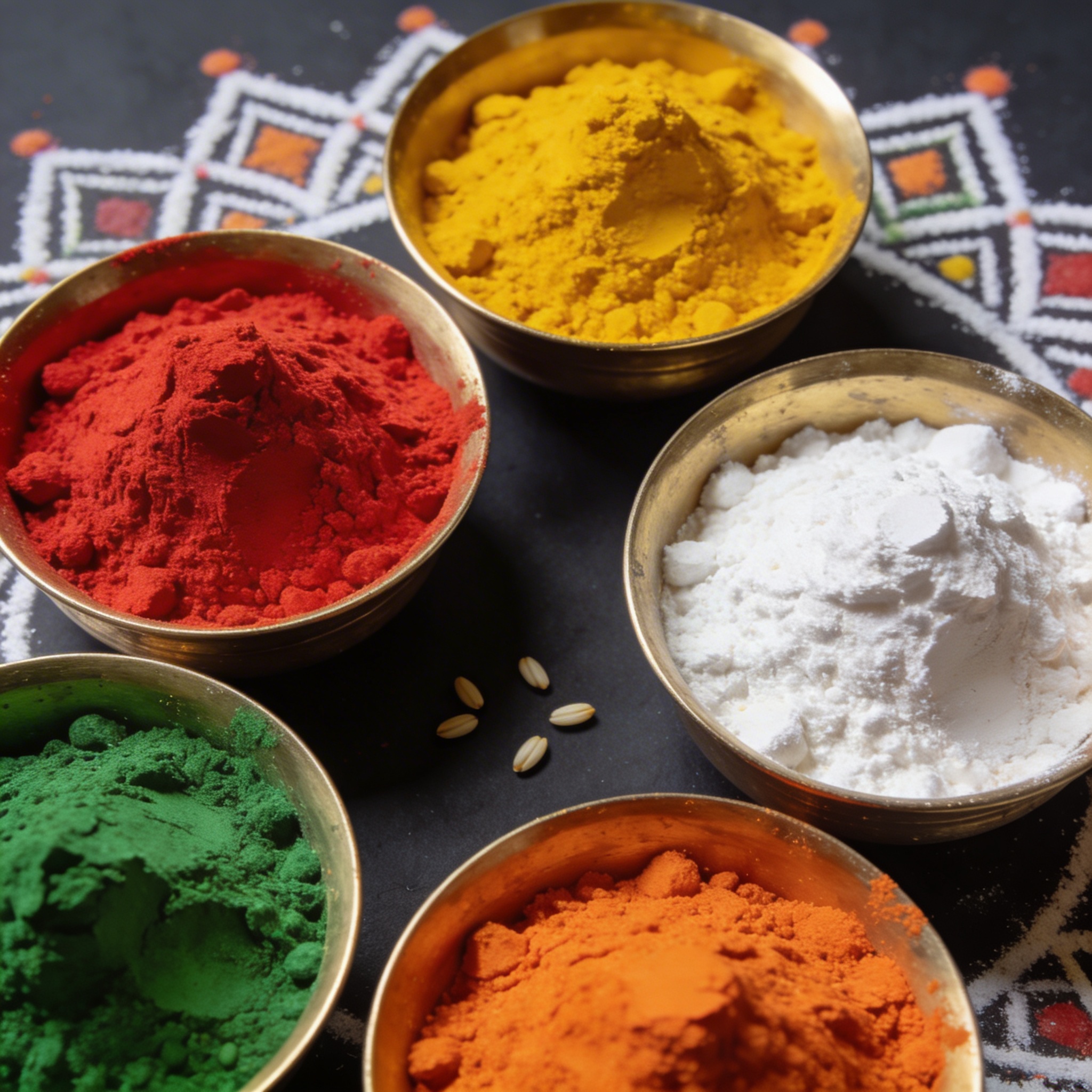 Close-up of a traditional rangoli pattern made with coloured powders in red, yellow, and white geometric designs