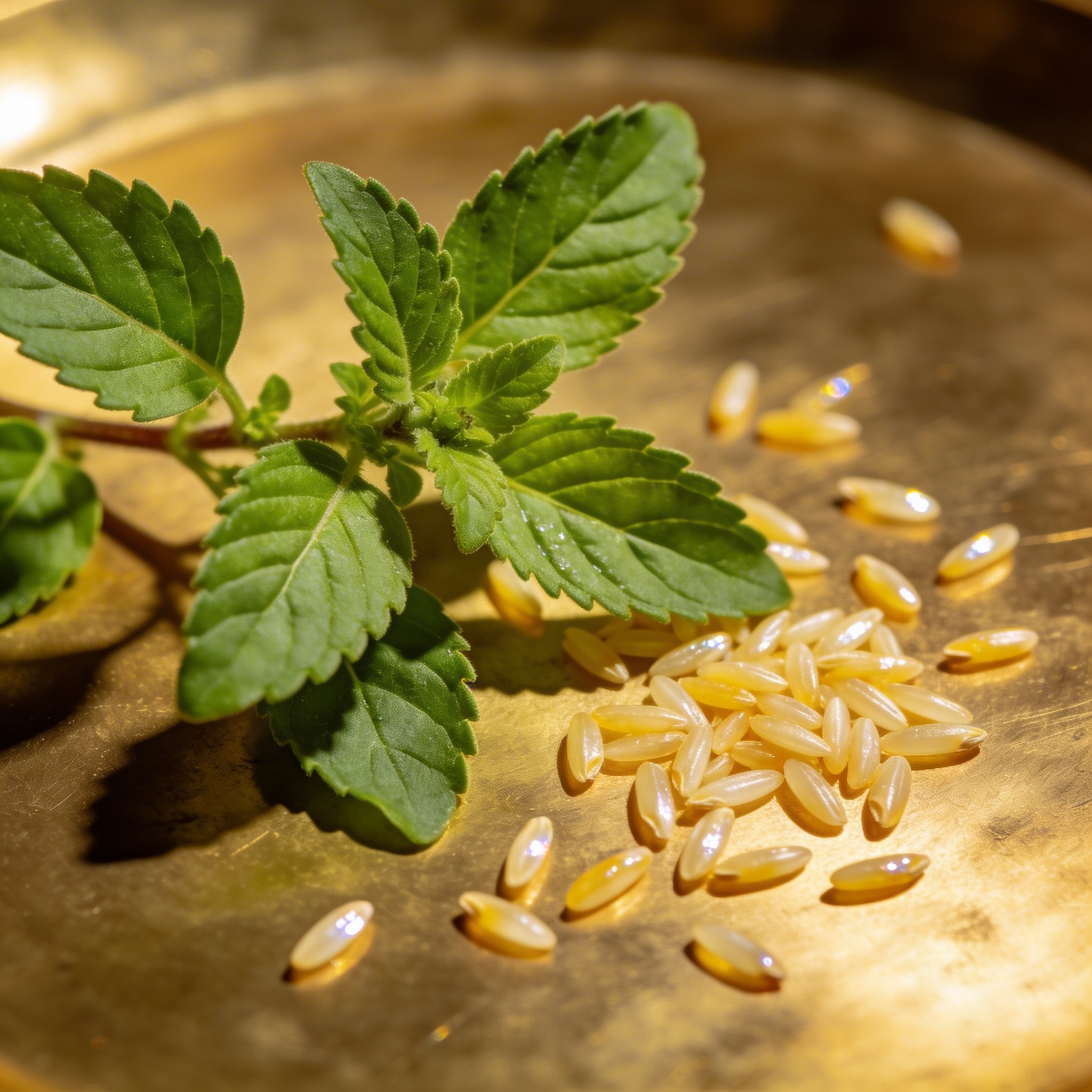 Fresh green tulsi holy basil leaves and white akshat sacred rice grains on a small brass katori