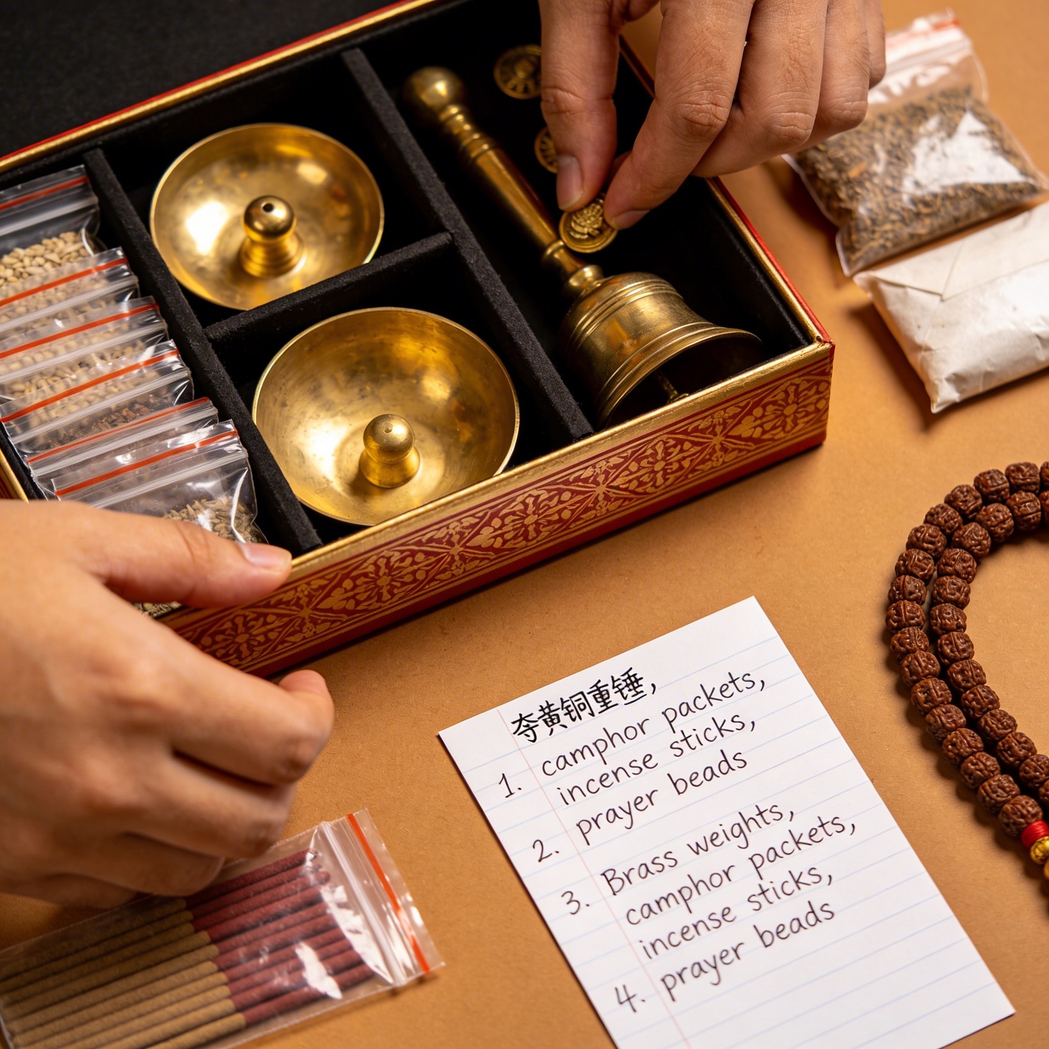 Hands carefully packing pooja kit items into compartments, showing attention to detail in arrangement of kumkum, agarbatti, and sacred thread