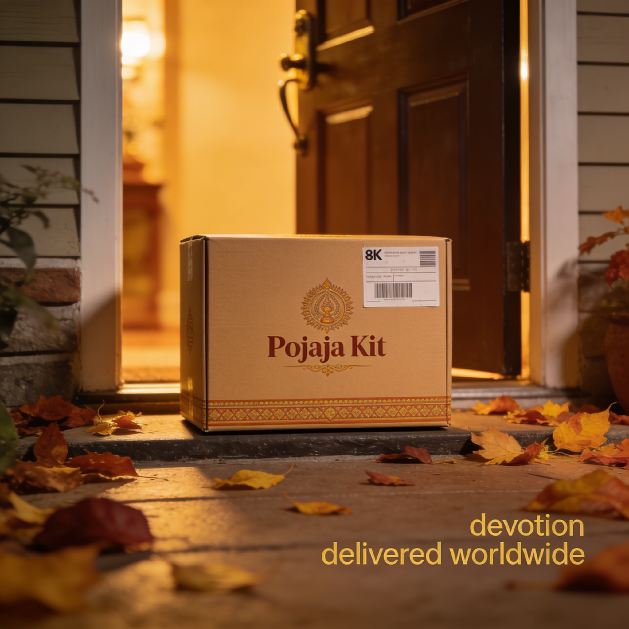 A Shubh Samagri pooja kit box being unpacked on a modern dining table in a Western home, with brass items and marigold visible inside
