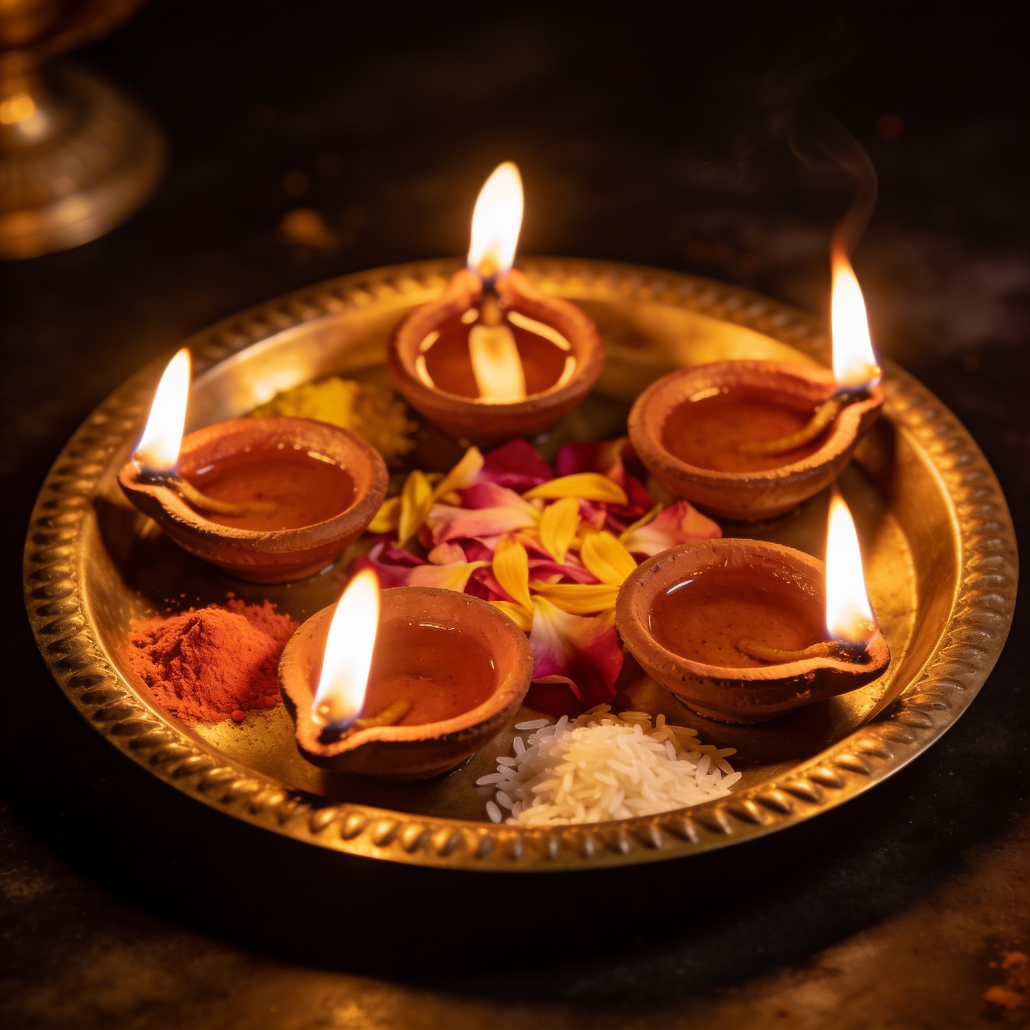 Brass aarti plate with five diya cups and a handle, polished and ready for evening aarti