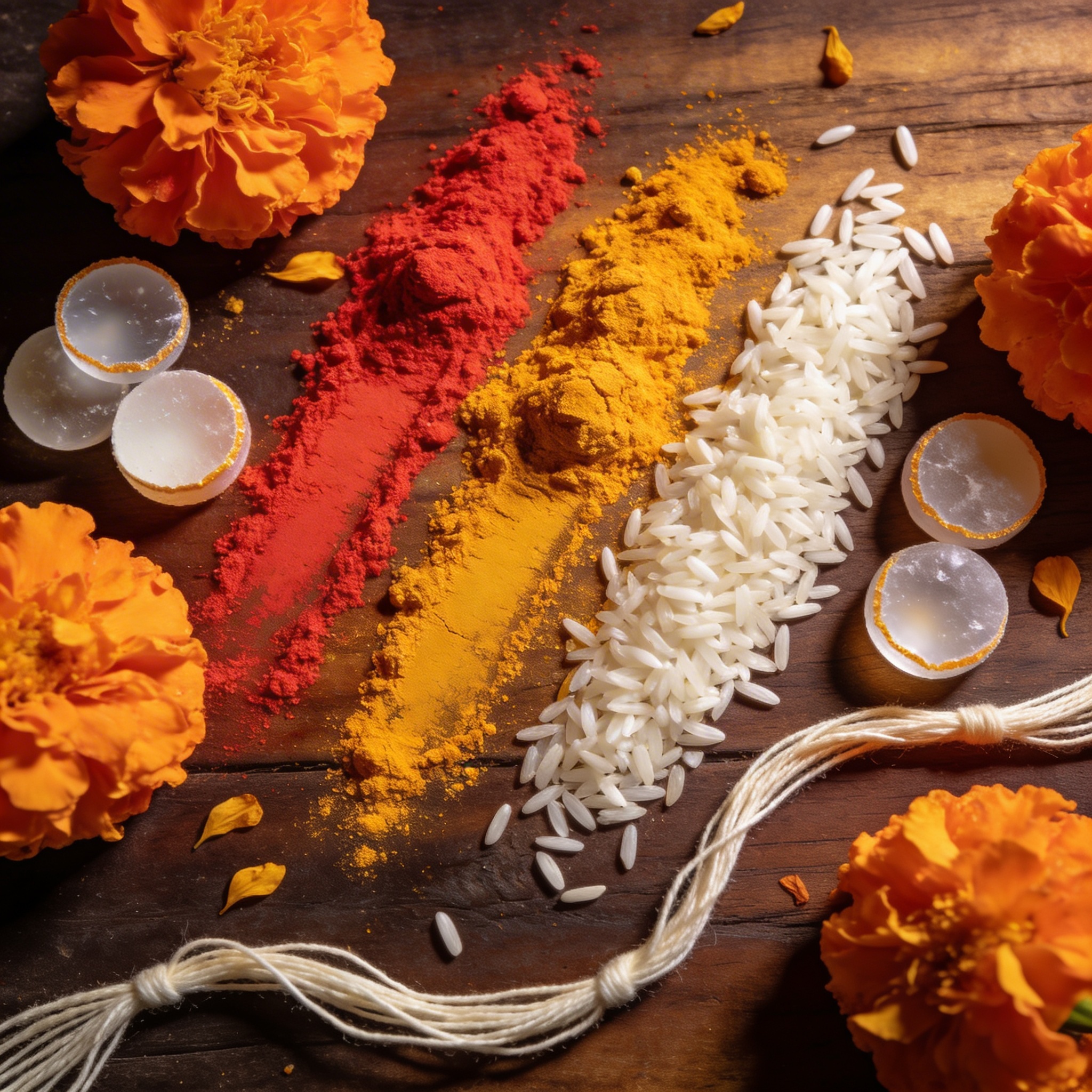 Subtle texture of scattered pooja materials — kumkum, haldi, rice grains, flower petals — on a dark surface